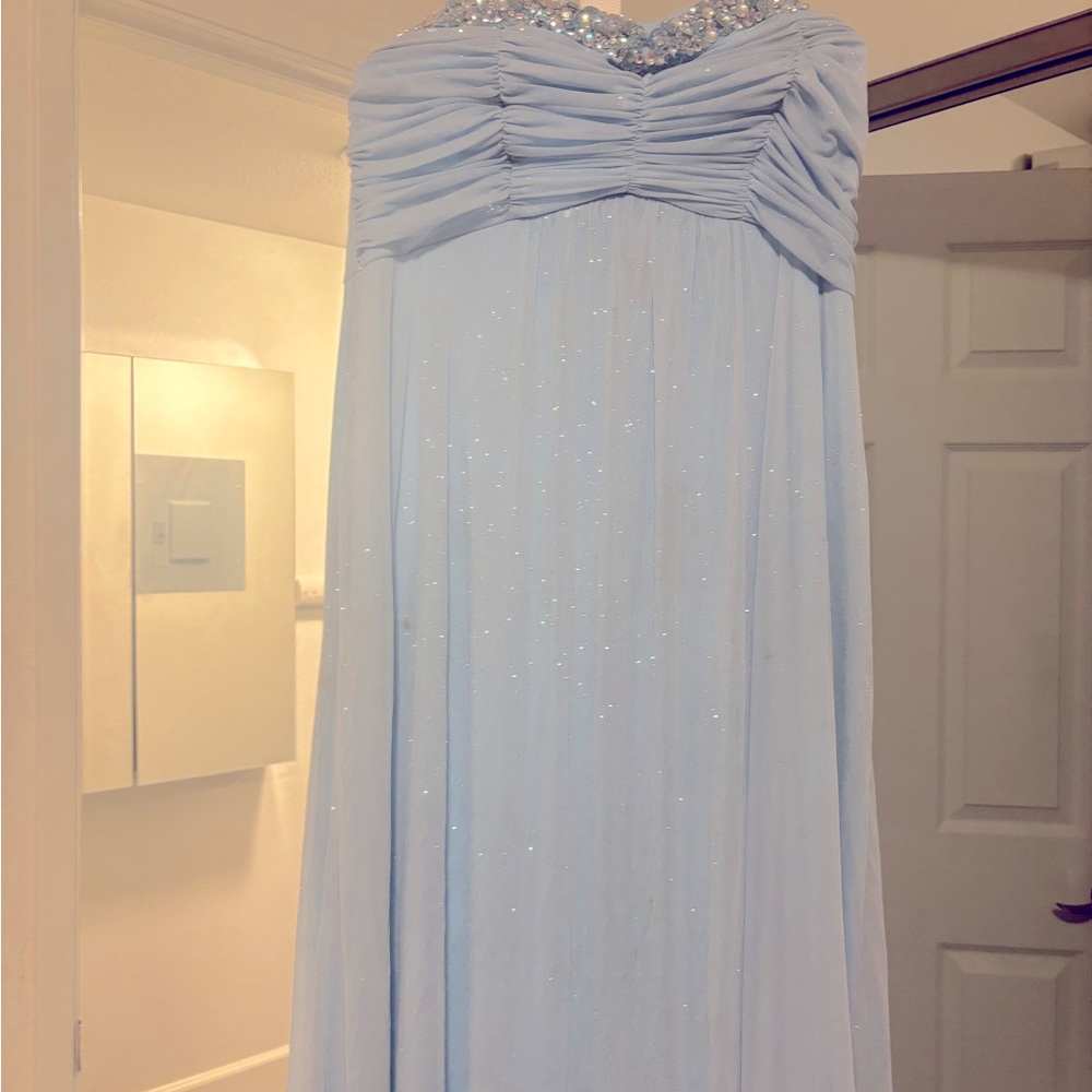 Baby blue strapless gown trimmed with jewels so gorgeous!